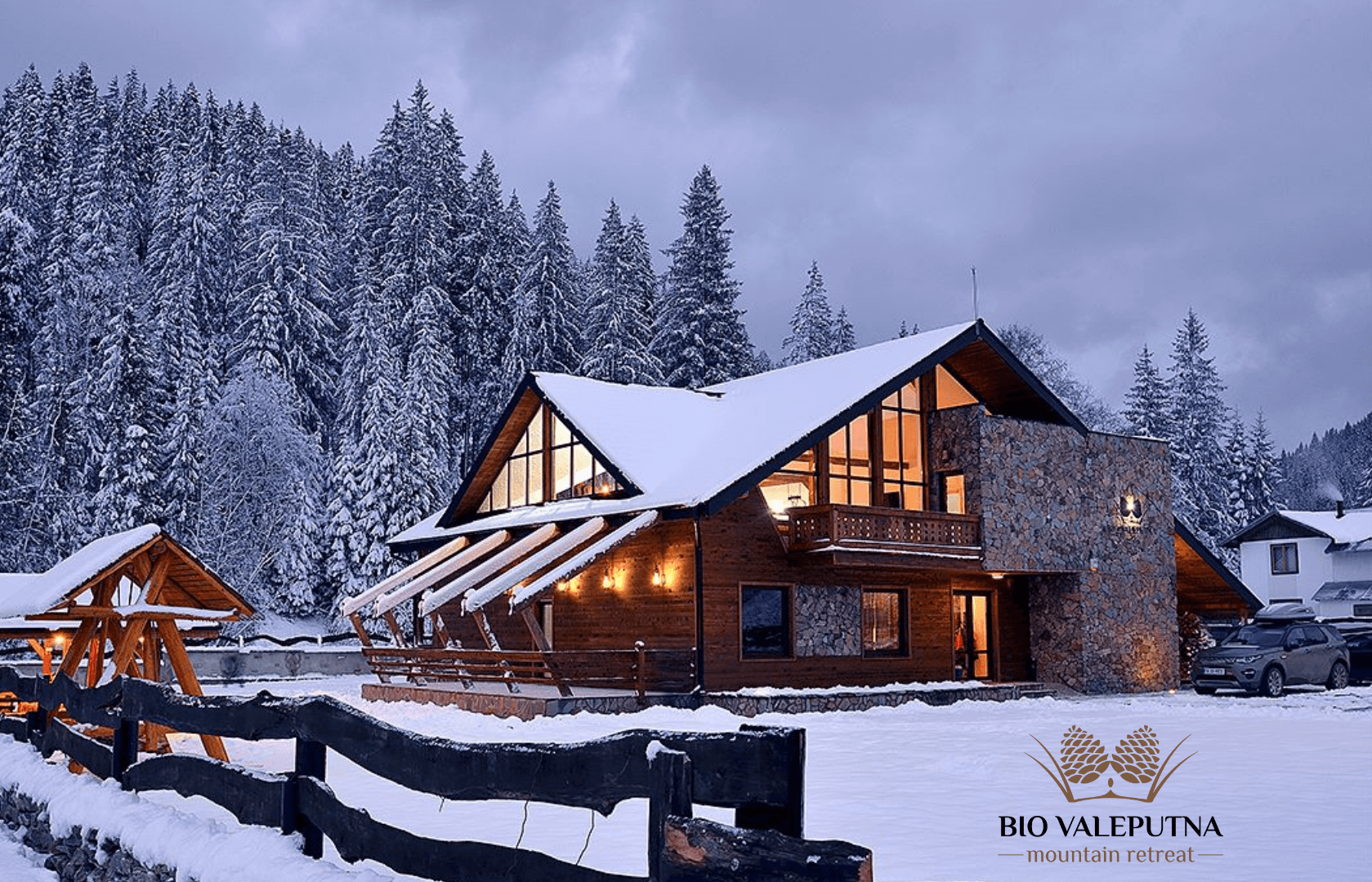 Snowy landscape and forest surrounding Biovaleputna guest house